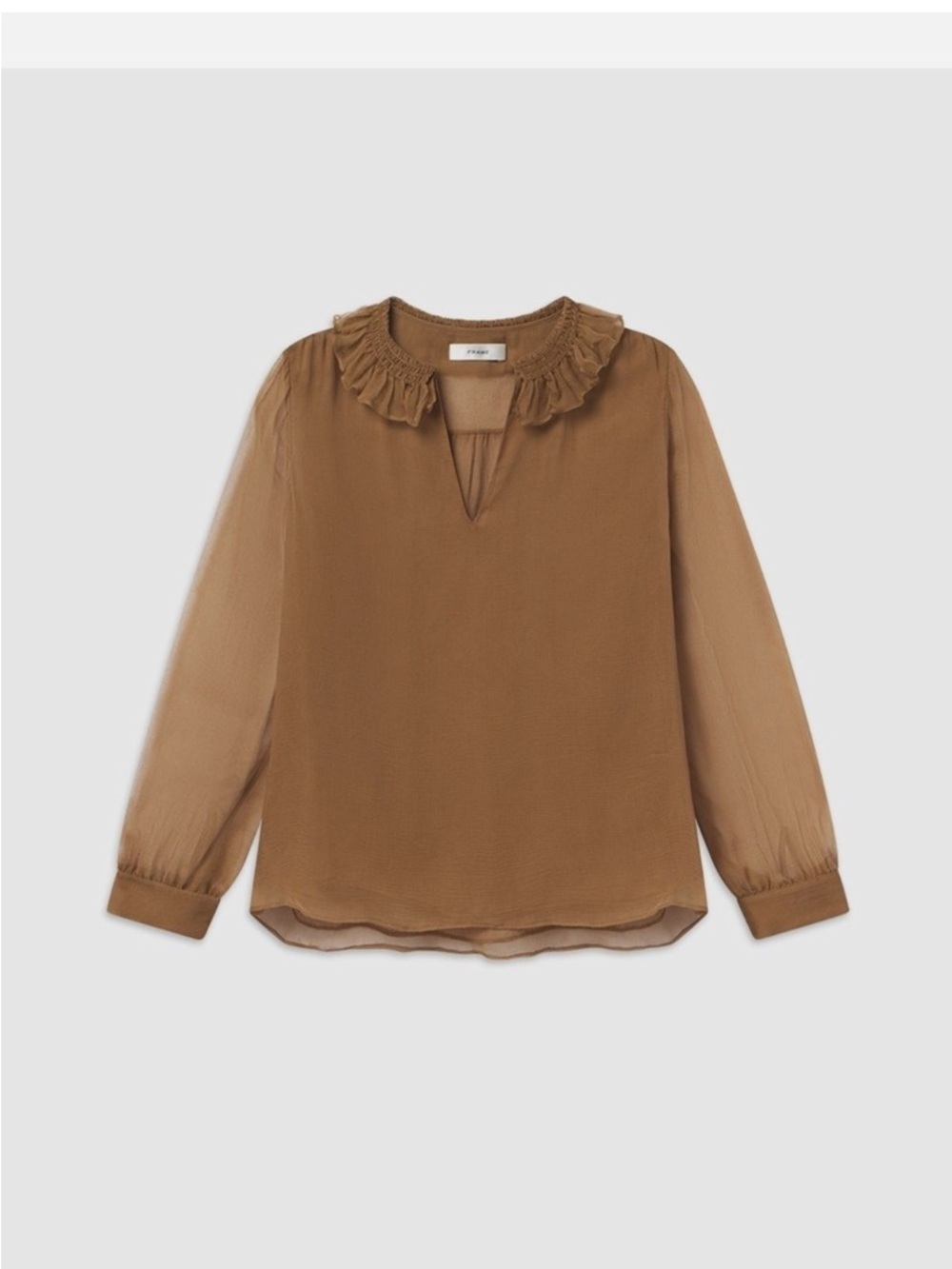 NWT Frame Denim 100% Silk Camel Shirred Ruffled Collar Long-Sleeve Lined Blouse